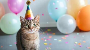 Cute cat wearing birthday hat surrounded by colorful balloons and confetti in a festive setting photo