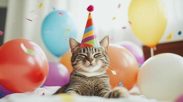 Cat celebrates birthday with party hat and balloons in colorful festive setting at home during daytime photo
