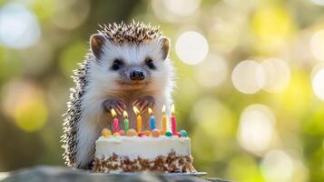 Hedgehog celebrates birthday with colorful cake and candles in outdoor setting during daylight photo