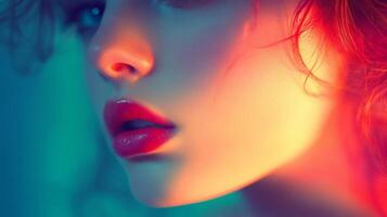 Captivating close-up of a woman's face highlighting vivid makeup and soft lighting at evening photo