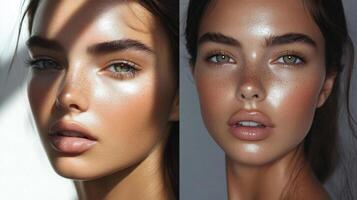 Natural beauty portrait showcasing radiant skin and striking features in soft lighting photo