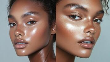 Close-up of a woman showcasing radiant skin and defined features in a beauty focus setting during natural light photo