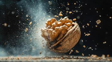 Nut cracking explosion captures the moment of walnut shell breaking apart with debris flying around in a dramatic display photo