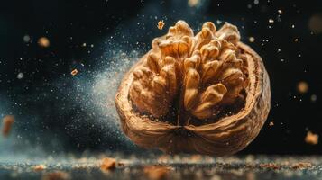 Walnut shell bursts open releasing fresh nut pieces in a dramatic kitchen setting photo