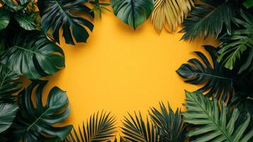 Vibrant tropical leaves arranged artistically on a bright yellow background photo