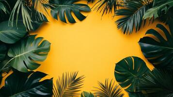 Tropical leaves create a vibrant frame against a bright yellow background for a fresh, lively atmosphere photo