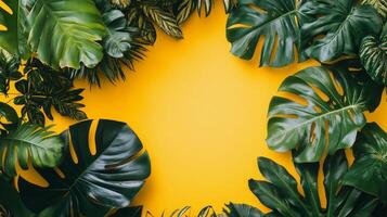 Lush green leaves arranged around a vibrant yellow backdrop for a lively nature aesthetic photo