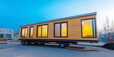 Modern mobile tiny house on wheels with large windows during twilight in an urban construction site photo