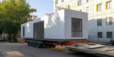 Modern portable home being transported on a flatbed truck in an urban area in daylight photo