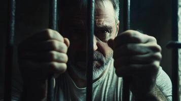 Man in prison cell holding onto bars and gazing with an intense expression in dim light setting photo