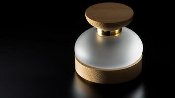 Elegant glass and wood perfume bottle on a dark surface with soft lighting highlighting its design and texture photo