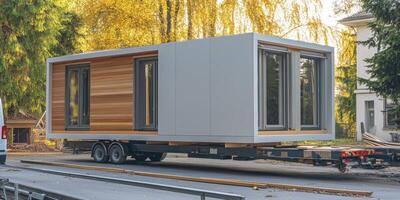 Modern transportable home being delivered to a construction site in an urban environment during autumn photo