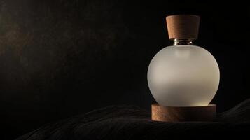 Elegant glass perfume bottle with wooden stopper displayed on dark surface against moody background photo