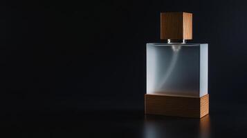 Elegant glass perfume bottle with wooden accent on a dark background showcasing modern design and sophistication photo