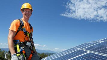Worker installs solar panels at a renewable energy site on a sunny afternoon in the mountains photo