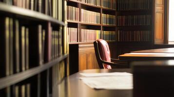 Quiet study area in a library with shelves filled with books, warm lighting highlights a wooden desk and leather chair photo