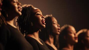 Women singing passionately in a choir during a warm evening performance with dramatic lighting photo