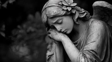 Angel statue in a tranquil garden setting evokes deep reflection and peace at dusk photo