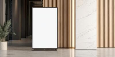 Modern indoor space featuring a blank display stand next to a stylish decorative plant at a contemporary venue photo