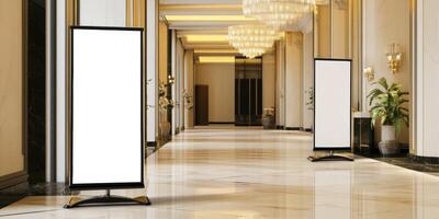 Elegant hotel lobby showcasing blank display stands for event promotion in a well-lit space photo