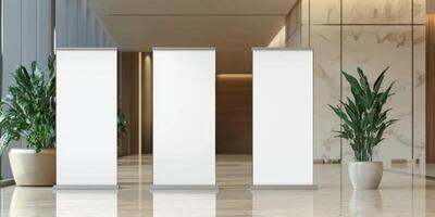 Modern lobby with three blank display boards and potted plants in a sleek architectural space photo