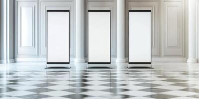 Modern display stands arranged in an elegant interior space with a marble floor and decorative columns photo