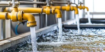 Water flows from industrial pipes into a large reservoir at a water treatment facility during daytime operations photo