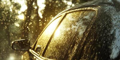 Rain falls softly on a car window reflecting golden sunlight during a peaceful moment in nature photo