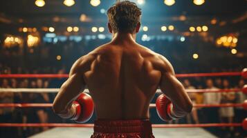 Boxer prepares for match in a crowded arena with an energized audience during an evening event photo