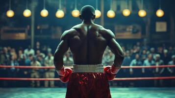 Boxer prepares for the match in a vintage arena filled with an enthusiastic crowd during a thrilling evening bout photo
