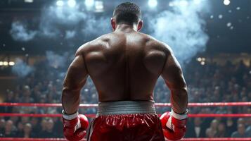 Boxer prepares for a championship match in a crowded arena during a tense moment before the fight begins photo