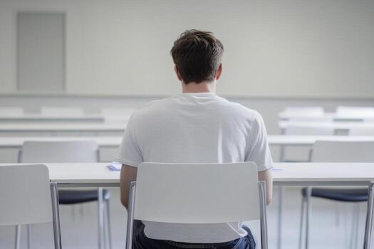 Student waits in a large classroom for an exam in a quiet academic environment photo