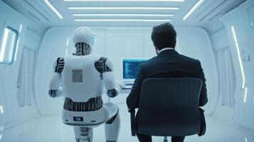 Robot collaborating with a human programmer in a futuristic workspace photo
