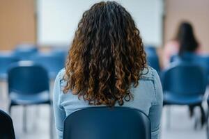 Student attending class sitting in a classroom with other students during lecture in an educational institution photo