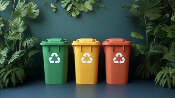 Different colored recycling bins arranged in a green space for waste segregation in an urban area photo