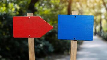 Colorful directional signs in a serene park, guiding visitors through beautiful greenery on a sunny day photo