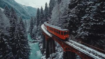 Snow-covered train travels across a red bridge in the Swiss Alps amid stunning winter scenery photo