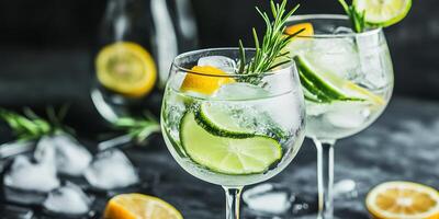 Refreshing cocktail with citrus slices and herbs served in elegant glasses on dark background photo