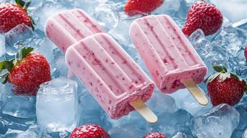 Delicious strawberry ice cream popsicles nestled in crushed ice with fresh strawberries on a warm summer day photo