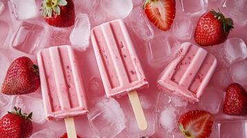 Refreshing strawberry popsicles on ice with fresh strawberries in a vibrant summer setting photo