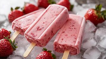 Delicious strawberry popsicles on ice with fresh strawberries ready to enjoy on a warm day photo