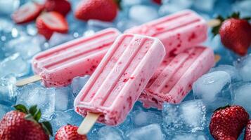 Strawberry popsicles resting on ice with fresh strawberries beside them in a summertime setting photo