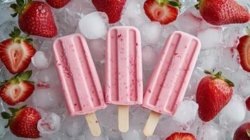 Delicious strawberry popsicles on ice with fresh strawberries arranged creatively for a refreshing summer treat photo
