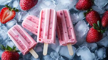 Homemade strawberry popsicles served on ice with fresh strawberries on a warm sunny day photo
