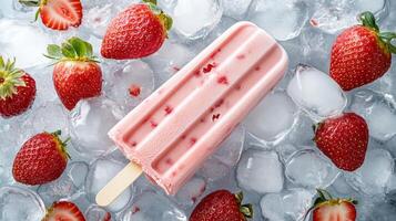 Delicious strawberry popsicle placed among fresh strawberries and ice cubes in a bright setting photo