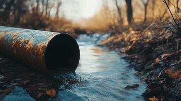 Water flows from a rusty pipe into a stream surrounded by autumn foliage on a clear day photo