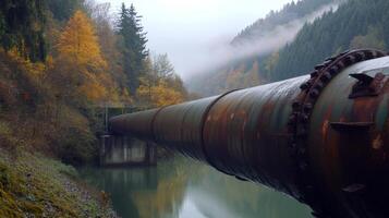 Rusty pipeline extends over calm lake surrounded by autumn trees in a misty mountain landscape photo