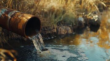 Contaminated water flowing from rusted pipe into natural pond during afternoon in a secluded area photo