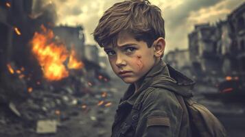 Young boy stands amidst destruction in a war-torn city with smoke and fire in background photo