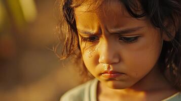 Emotional moment captured of a young girl with tears in her eyes during sunset in a rural setting photo